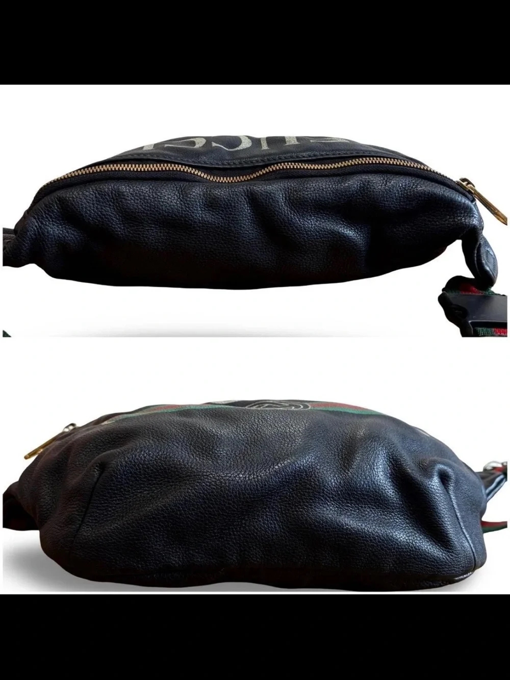 GUCCI Black Leather Logo Web Stripe Belt Bag